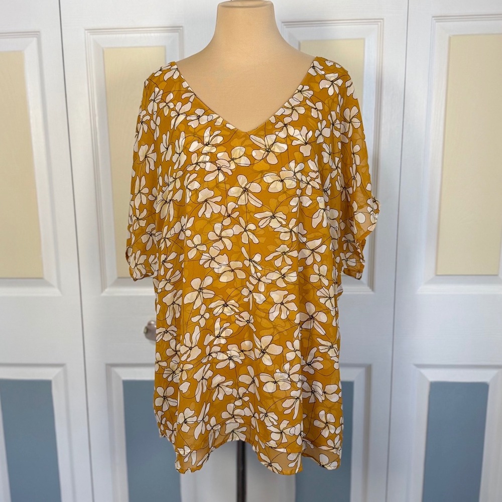 Cabi 3598 Mustard Yellow Floral V-Neck Chiffon Blouse Womens XL Flowy Top
